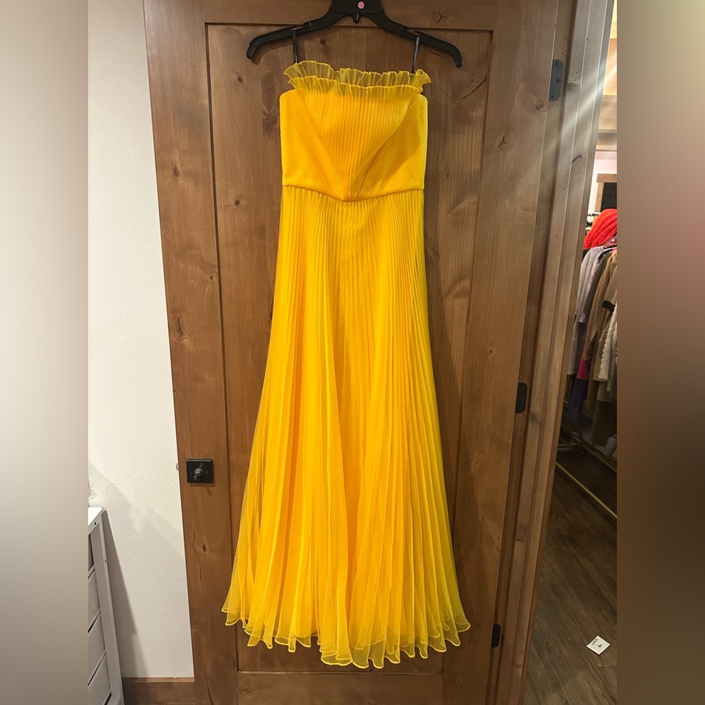 Theia Enver Strapless Yellow Pleated Gown - Picture 2 of 6